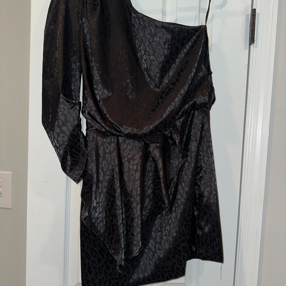Black leopard one shoulder cocktail dress